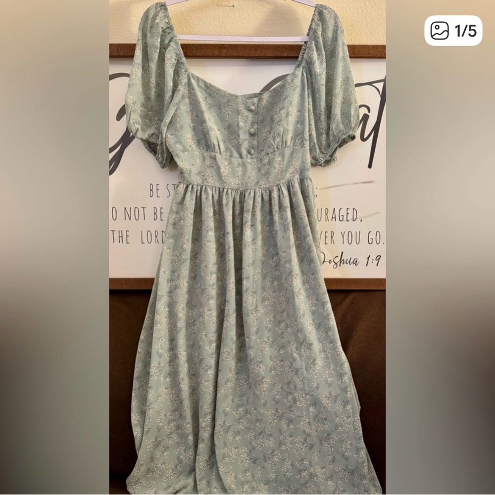 Pink & Flare Sage Green Floral Puff Sleeve Babydoll Midi Dress Cottagecore M - Picture 6 of 6